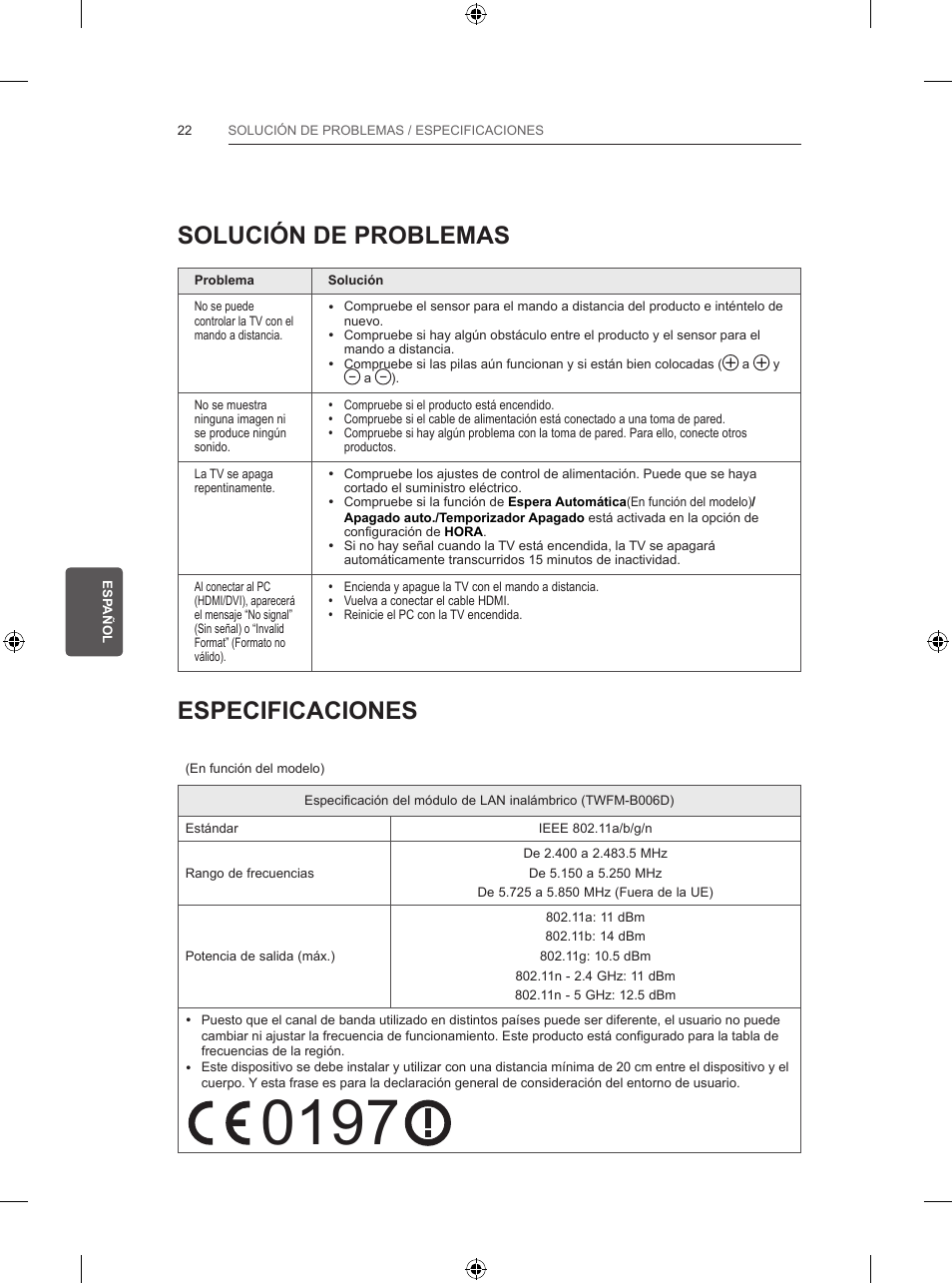 Solución de problemas, Especificaciones | LG 47LB5700 User Manual | Page 142 / 236