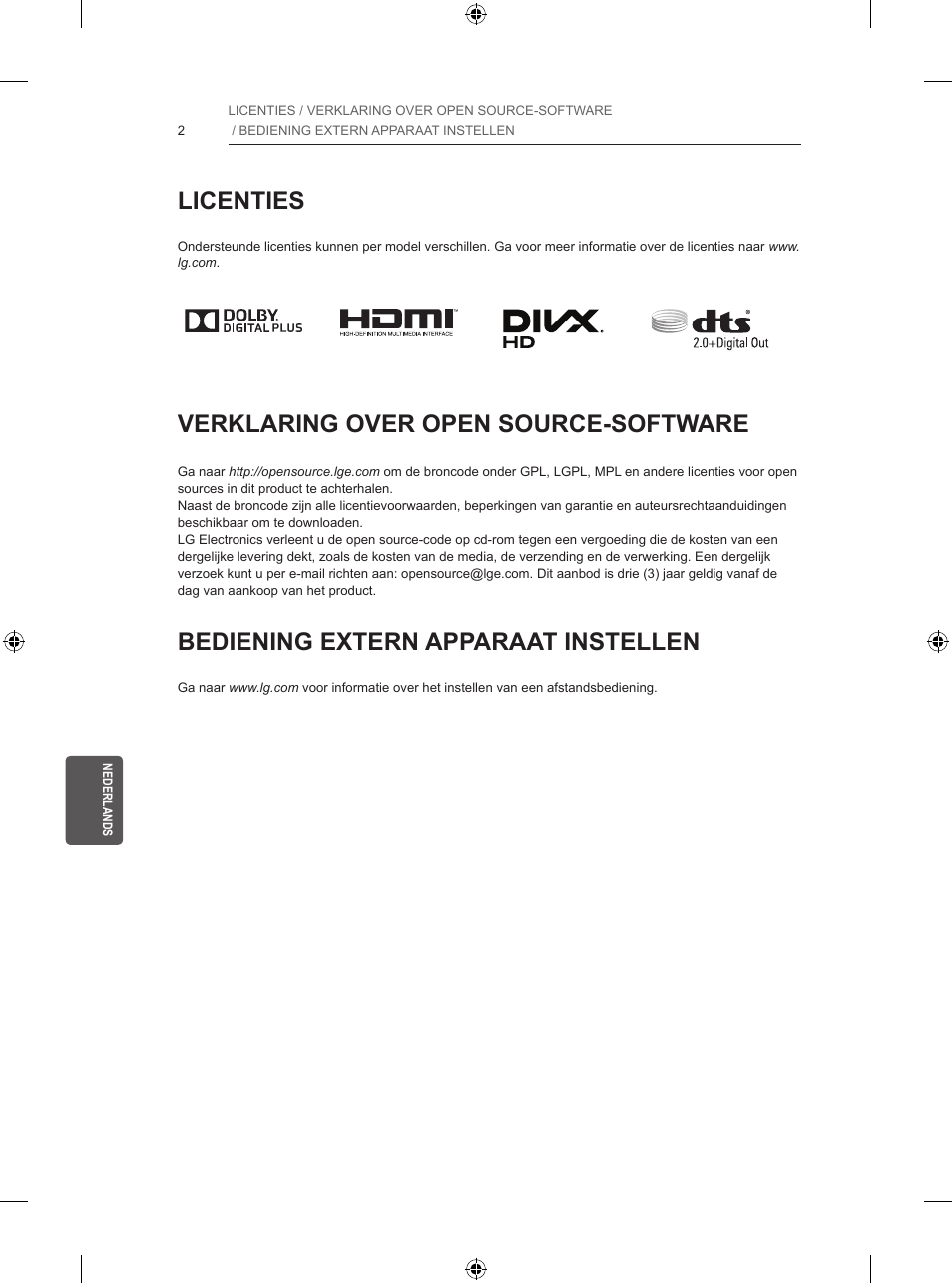 Licenties, Verklaring over open source-software, Bediening extern apparaat instellen | LG 47LB5700 User Manual | Page 166 / 236