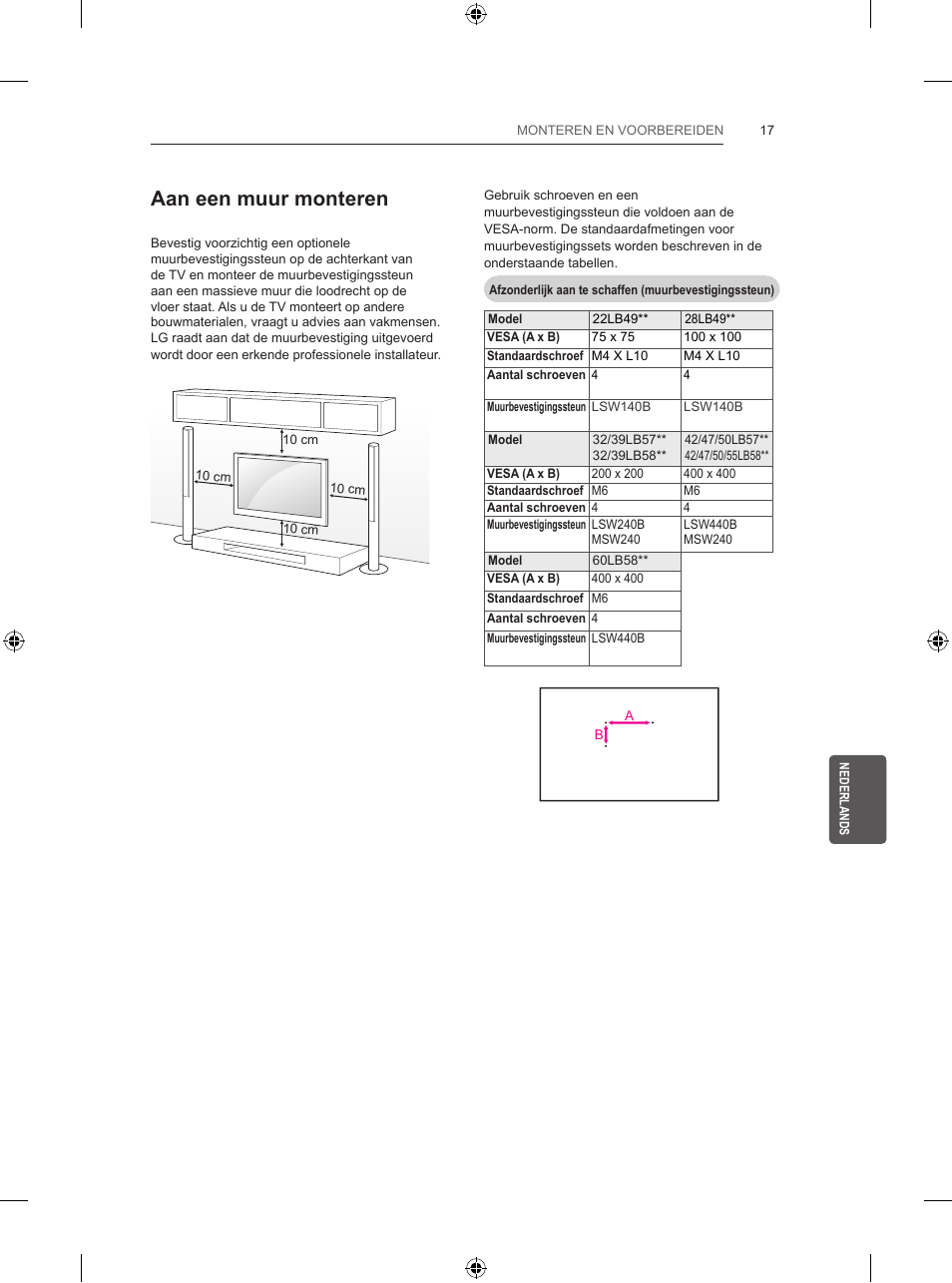 Aan een muur monteren | LG 47LB5700 User Manual | Page 181 / 236