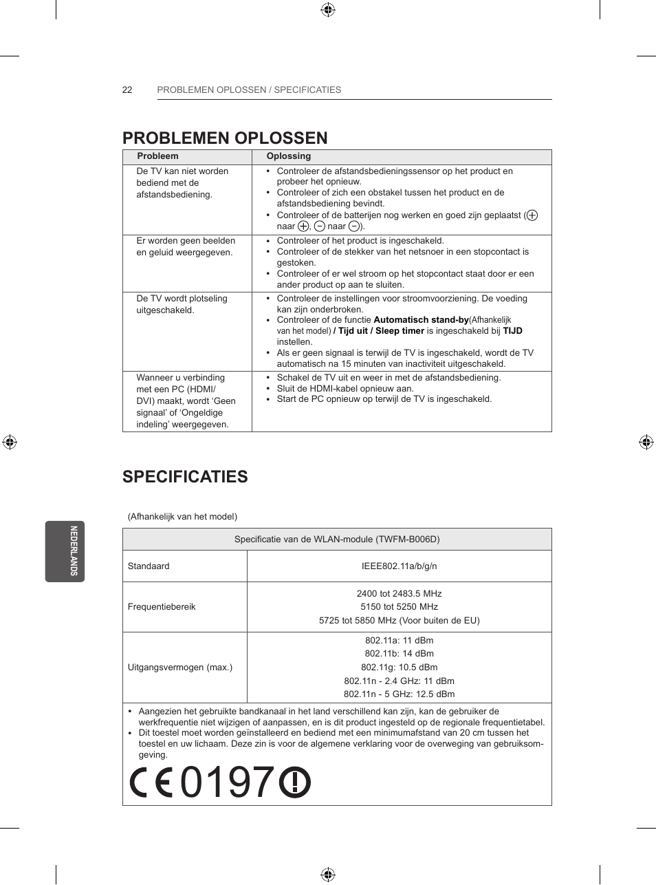 Problemen oplossen, Specificaties | LG 47LB5700 User Manual | Page 186 / 236