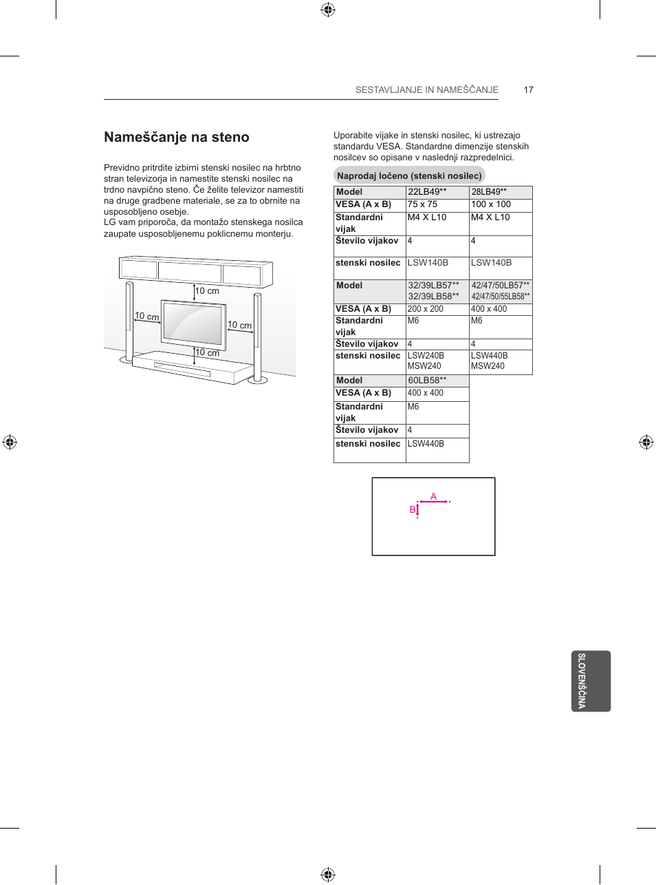 Nameščanje na steno | LG 47LB5700 User Manual | Page 225 / 236