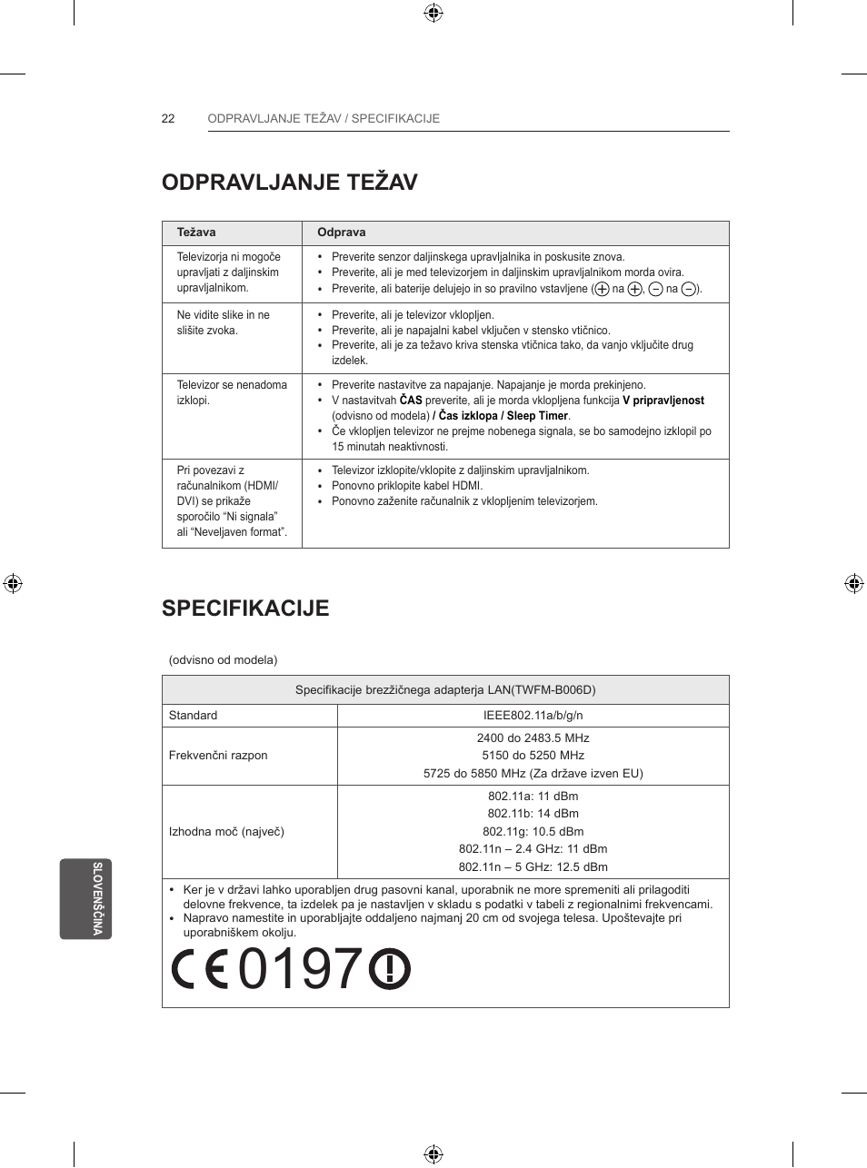 Odpravljanje težav, Specifikacije | LG 47LB5700 User Manual | Page 230 / 236