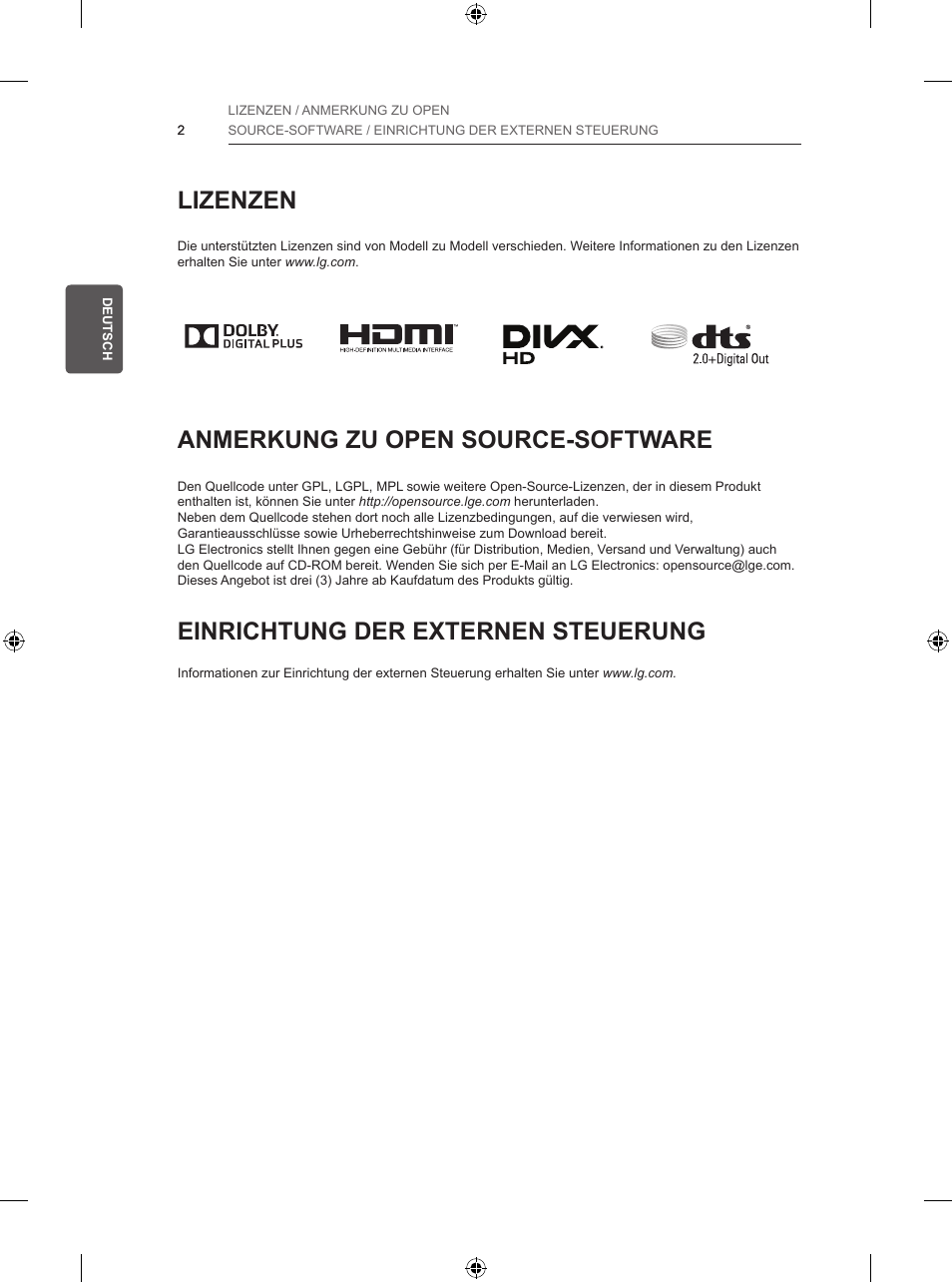 Lizenzen, Anmerkung zu open source-software, Einrichtung der externen steuerung | LG 47LB5700 User Manual | Page 48 / 236