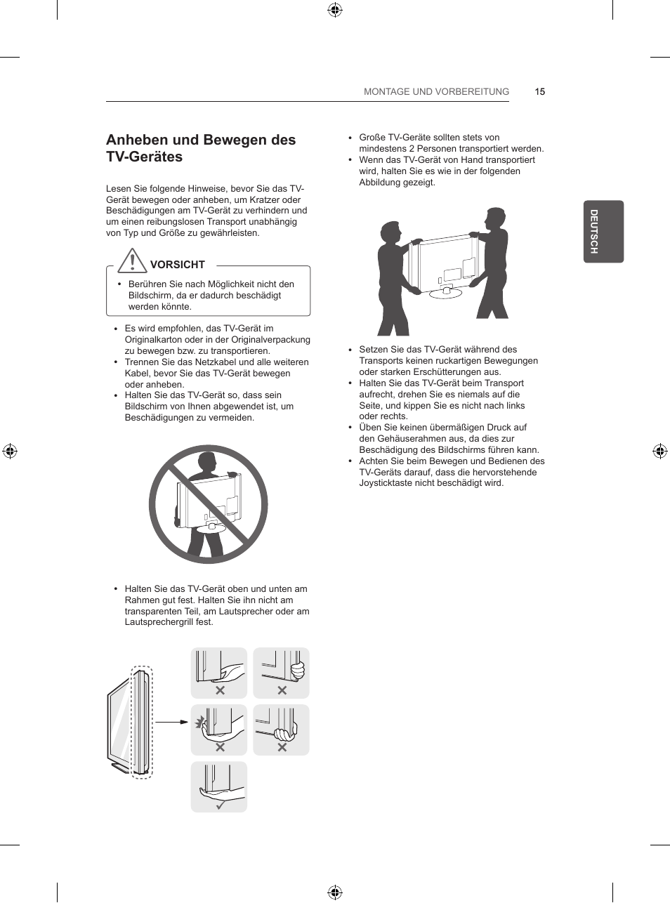 Anheben und bewegen des tv-gerätes | LG 47LB5700 User Manual | Page 61 / 236