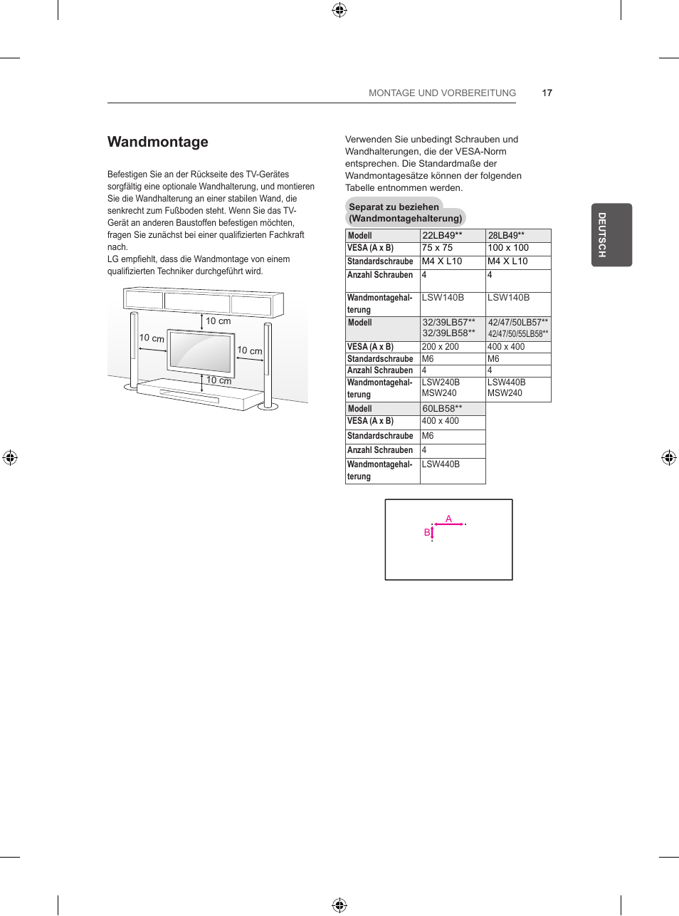 Wandmontage | LG 47LB5700 User Manual | Page 63 / 236