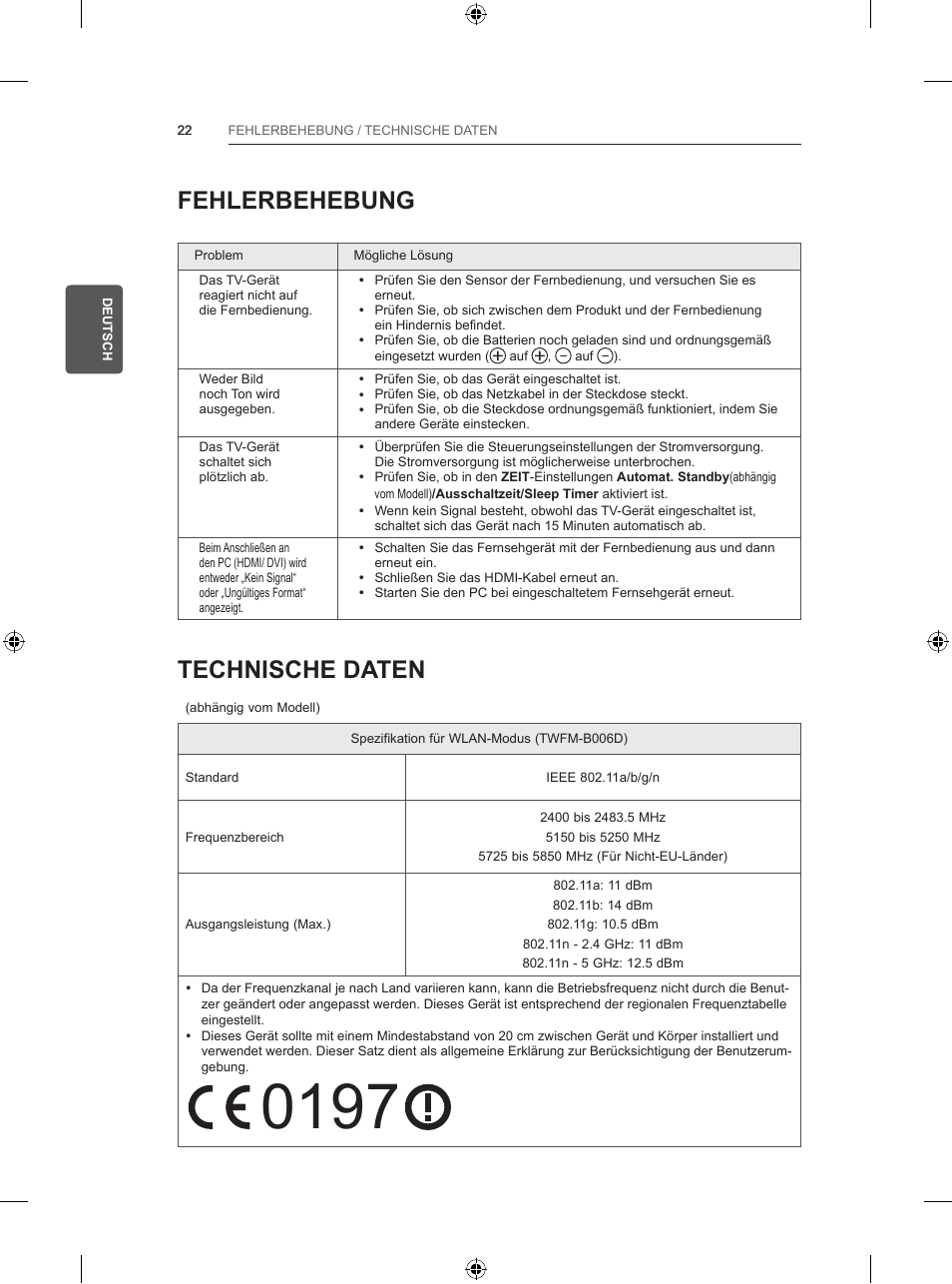 Fehlerbehebung, Technische daten | LG 47LB5700 User Manual | Page 68 / 236