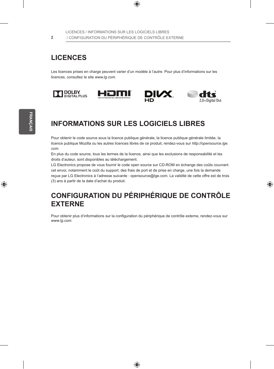 Licences, Informations sur les logiciels libres, Configuration du périphérique de contrôle externe | LG 47LB5700 User Manual | Page 70 / 236