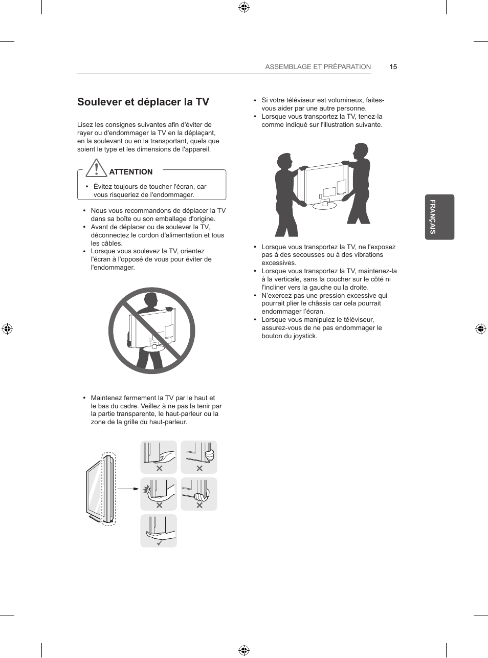 Soulever et déplacer la tv | LG 47LB5700 User Manual | Page 83 / 236