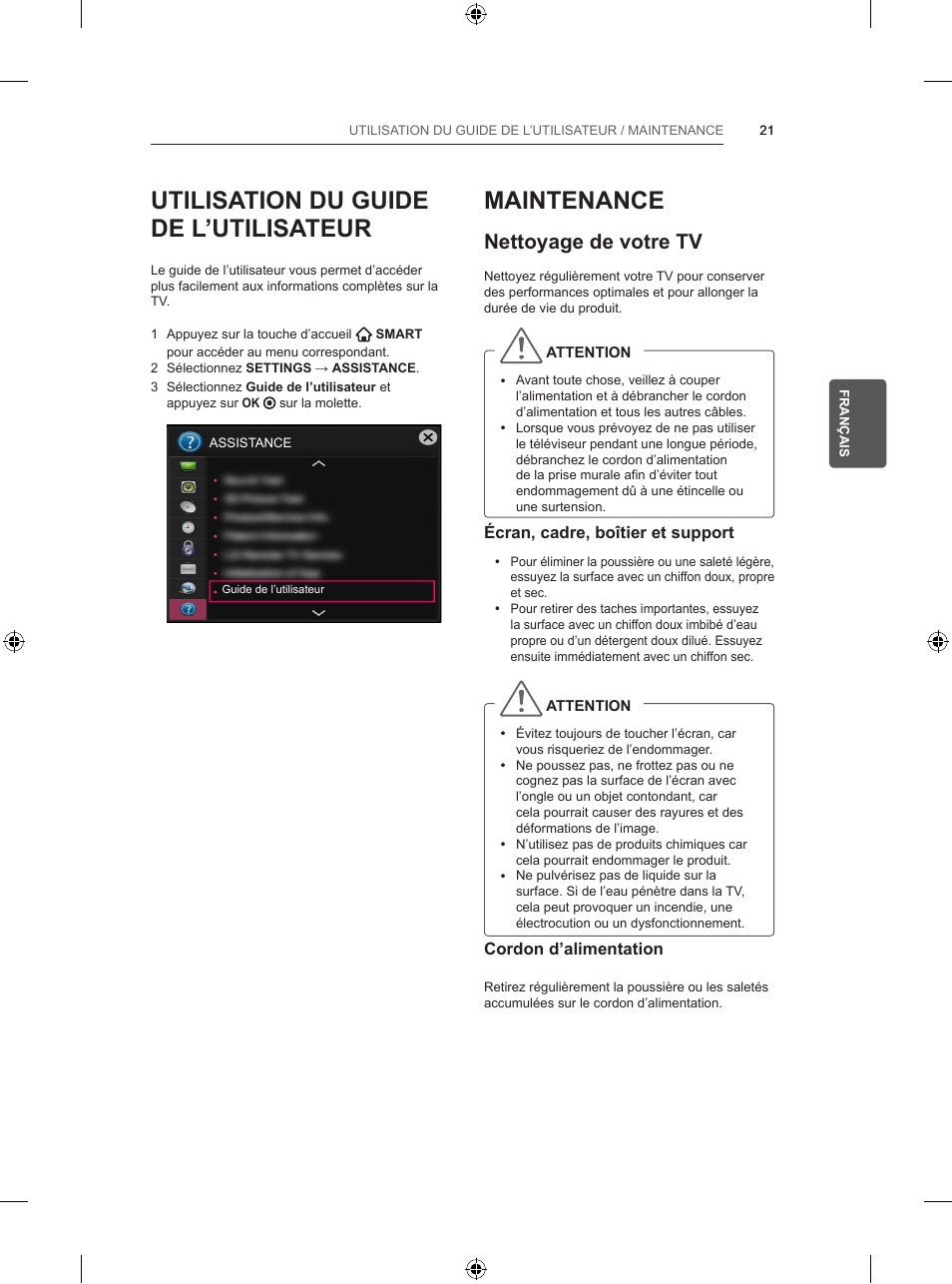 Utilisation du guide de l’utilisateur, Maintenance, Nettoyage de votre tv | LG 47LB5700 User Manual | Page 89 / 236