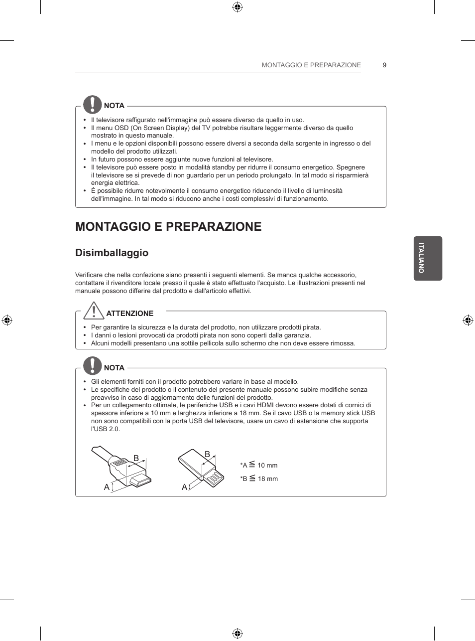 Montaggio e preparazione, Disimballaggio | LG 47LB5700 User Manual | Page 99 / 236