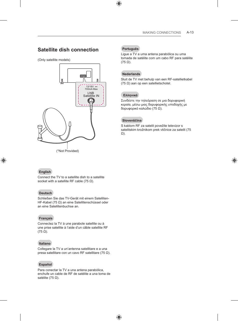 Satellite dish connection | LG 42LB670V User Manual | Page 13 / 356