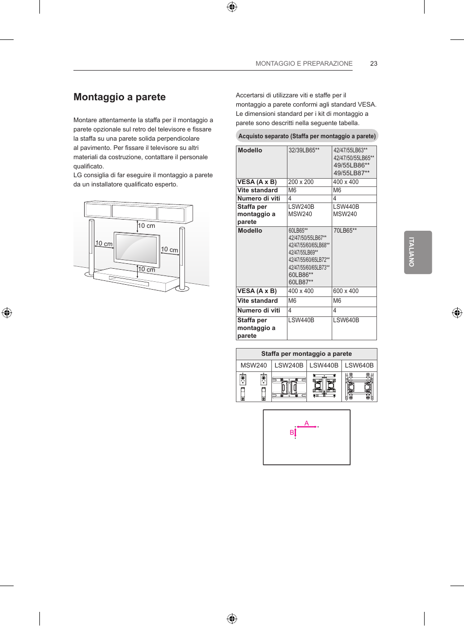 Montaggio a parete | LG 42LB670V User Manual | Page 165 / 356