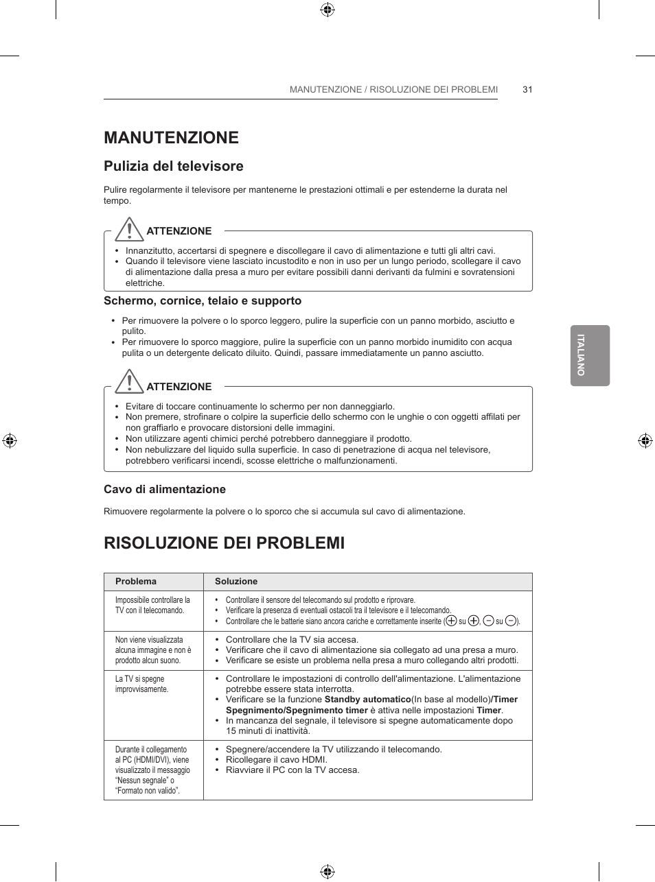 Manutenzione, Risoluzione dei problemi, Pulizia del televisore | LG 42LB670V User Manual | Page 173 / 356