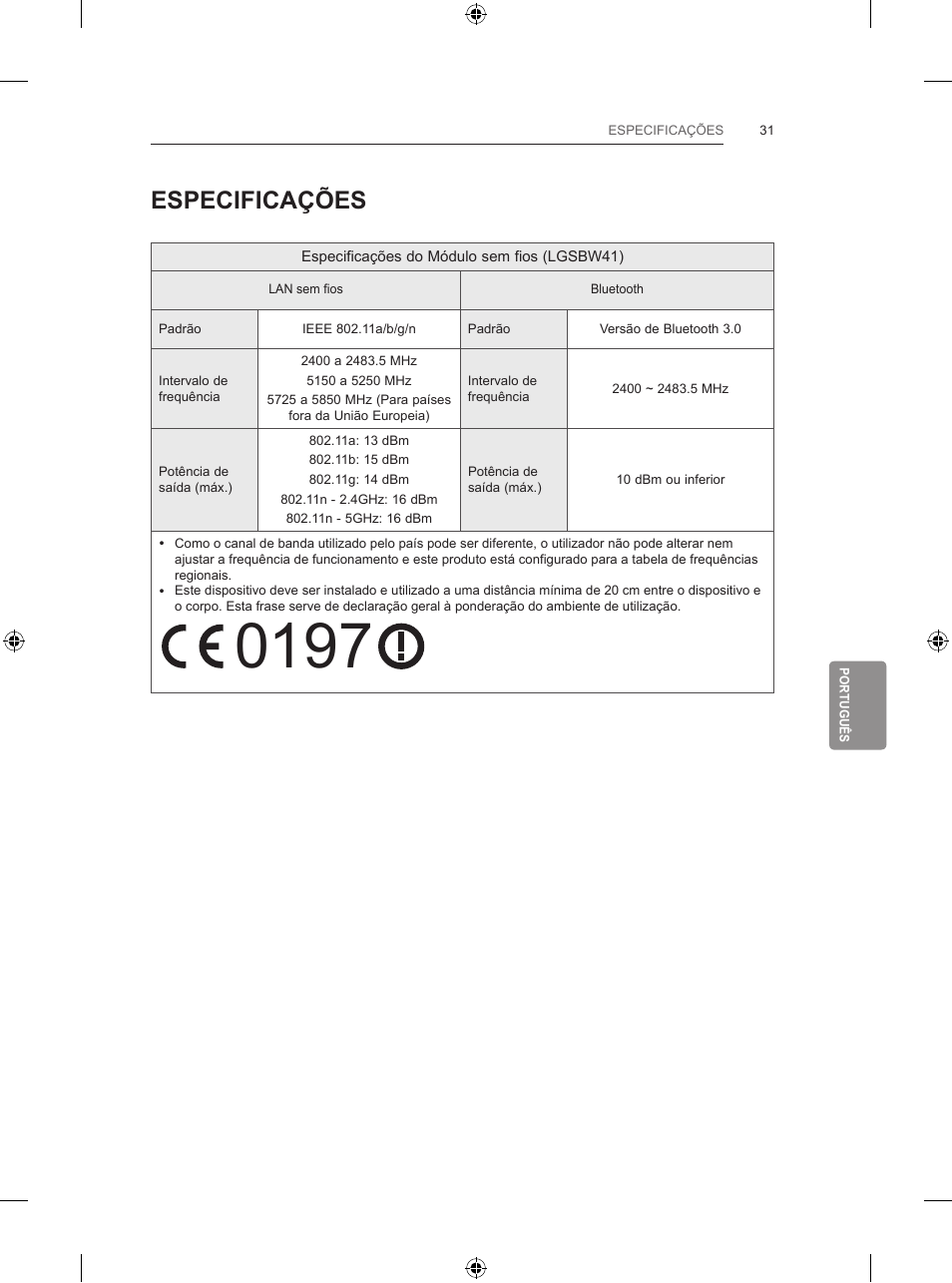 Especificações | LG 42LB670V User Manual | Page 249 / 356