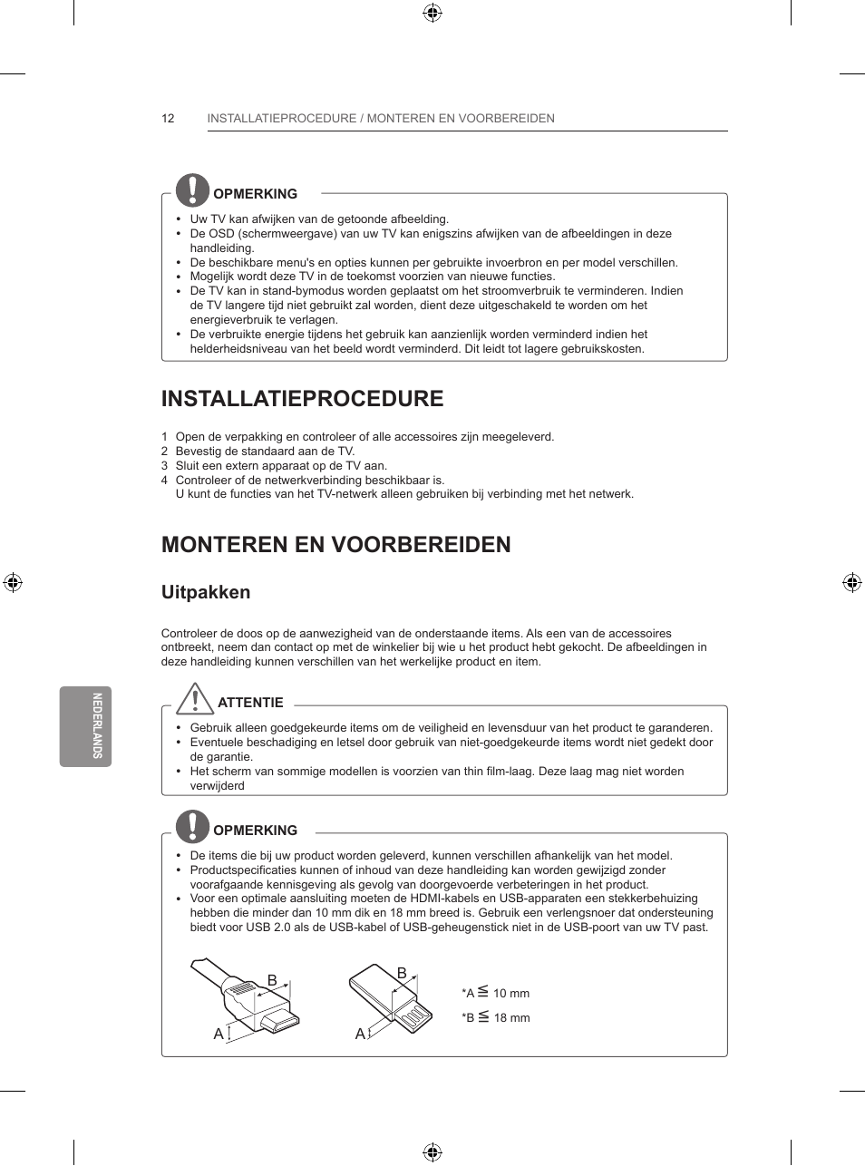 Installatieprocedure, Monteren en voorbereiden, Uitpakken | LG 42LB670V User Manual | Page 262 / 356