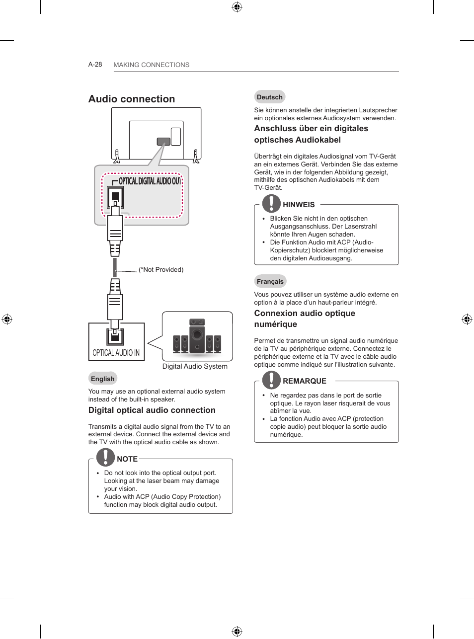 P out, Audio connection, Optical audio in | LG 42LB670V User Manual | Page 28 / 356