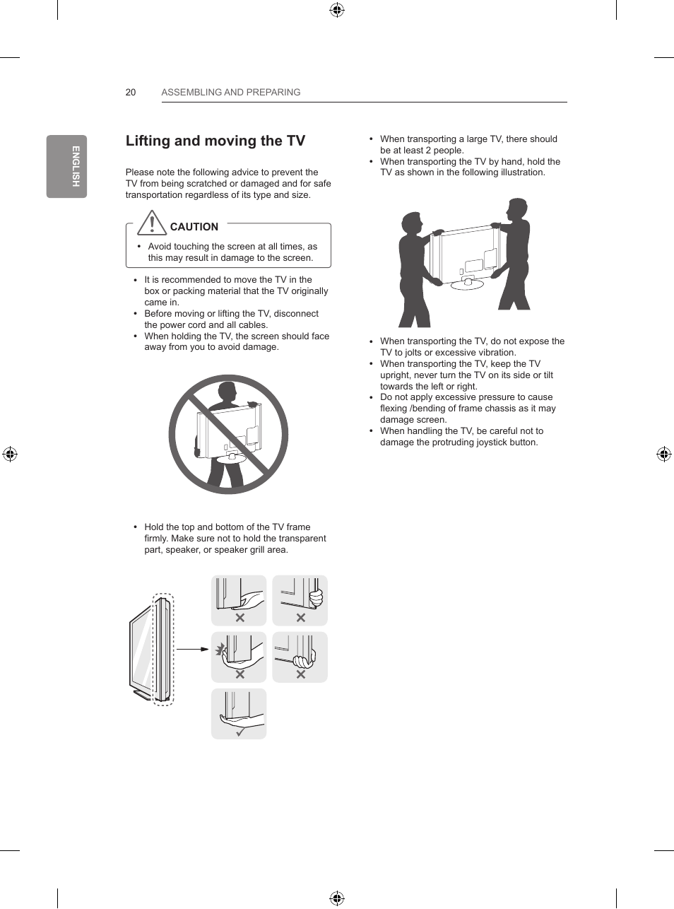 Lifting and moving the tv | LG 42LB670V User Manual | Page 66 / 356