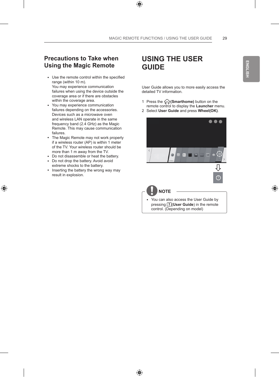 Using the user guide, Precautions to take when using the magic remote | LG 42LB670V User Manual | Page 75 / 356