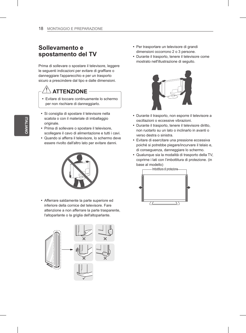 Sollevamento e spostamento del tv, Attenzione | LG 55LM670S User Manual | Page 110 / 309