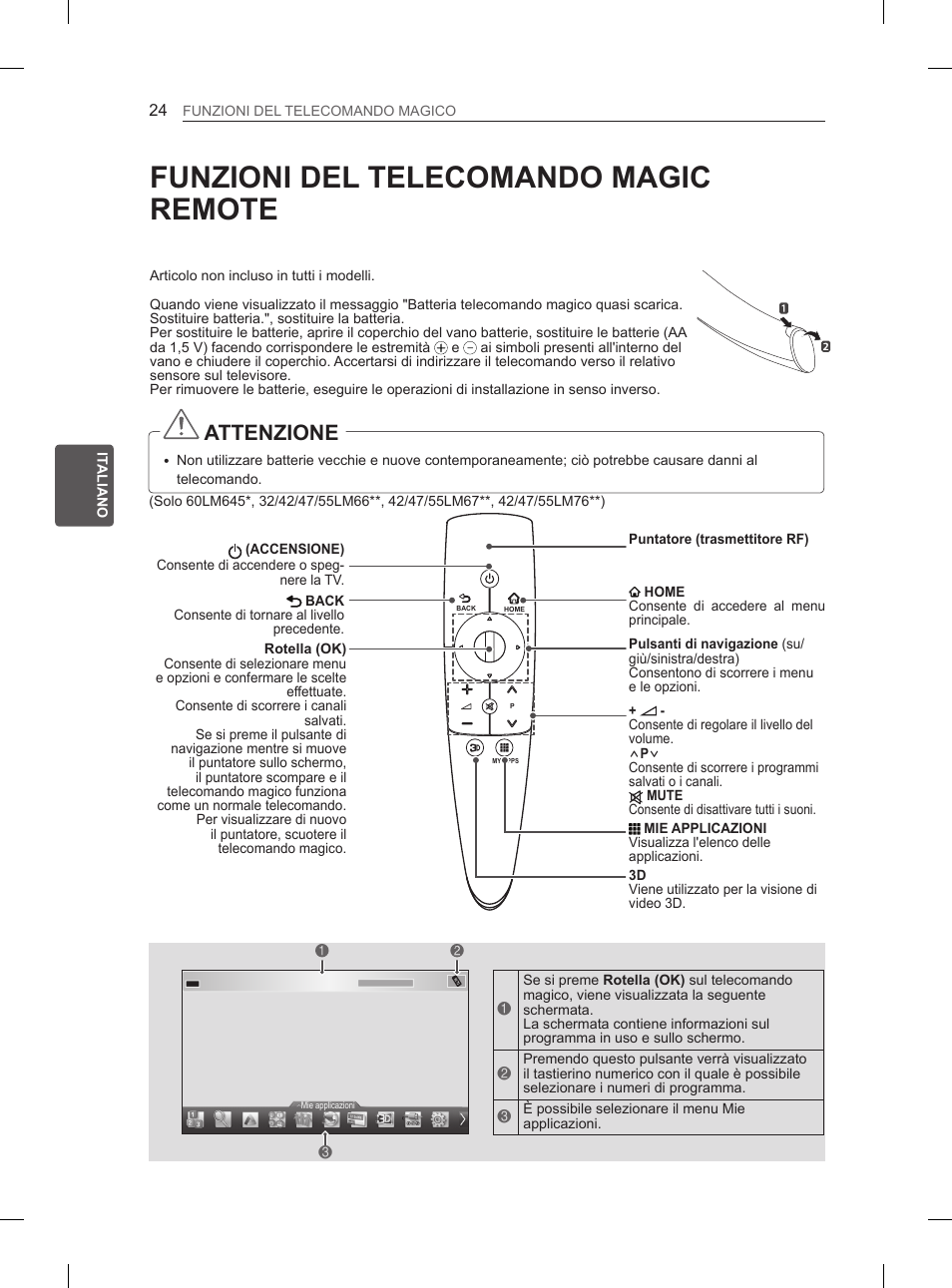 Funzioni del telecomando magic remote, Attenzione | LG 55LM670S User Manual | Page 116 / 309