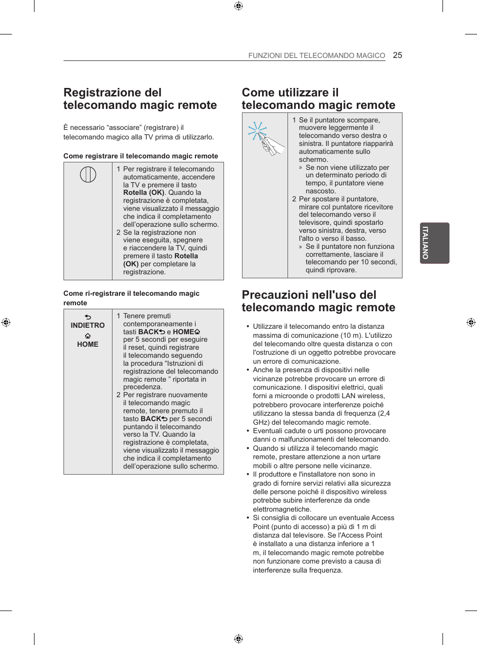 Registrazione del telecomando magic remote, Come utilizzare il telecomando magic remote, Precauzioni nell'uso del telecomando magic remote | LG 55LM670S User Manual | Page 117 / 309