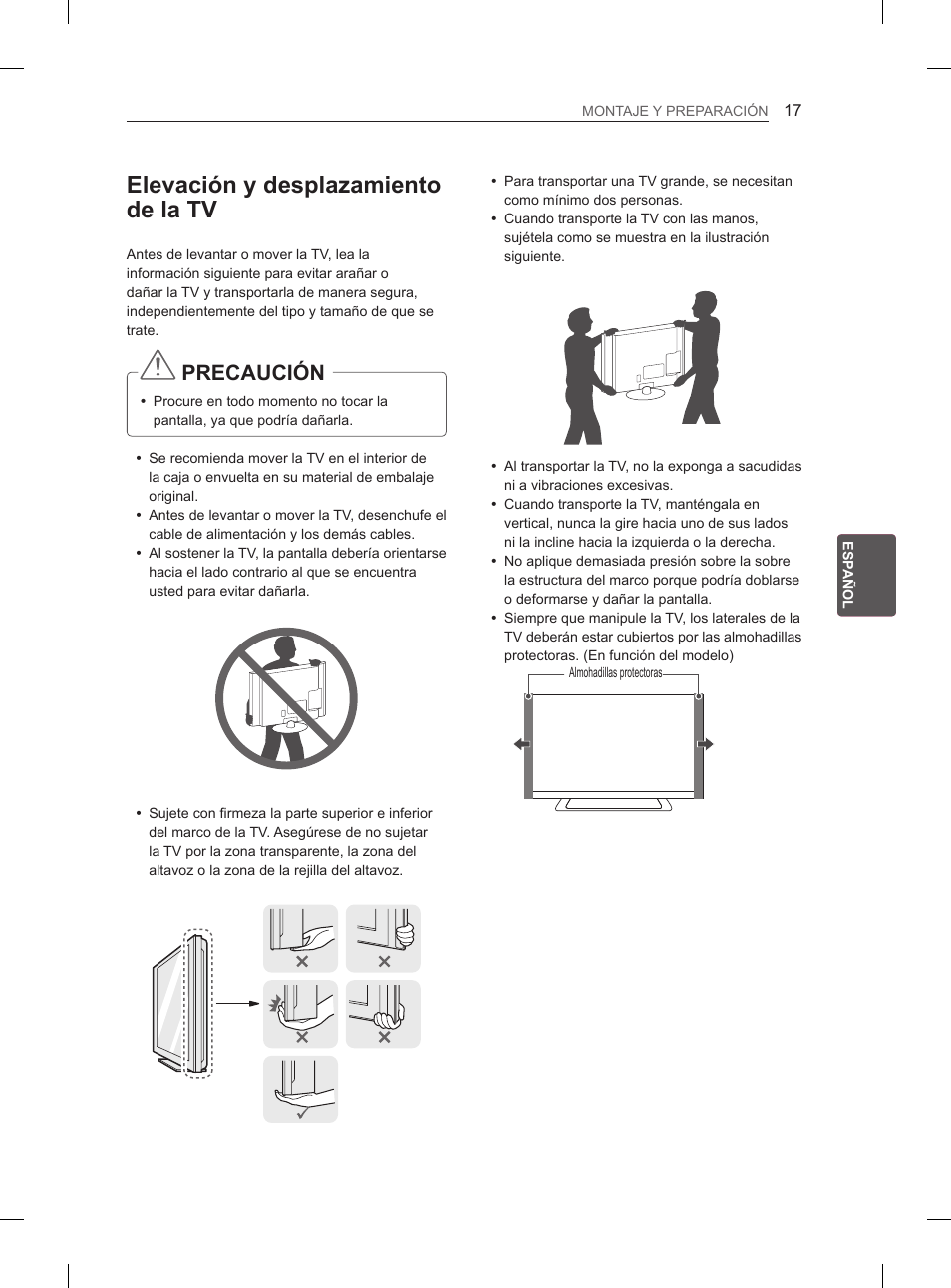 Elevación y desplazamiento de la tv, Precaución | LG 55LM670S User Manual | Page 145 / 309