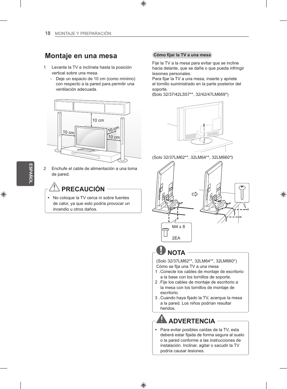 Montaje en una mesa, Precaución, Nota | Advertencia | LG 55LM670S User Manual | Page 146 / 309