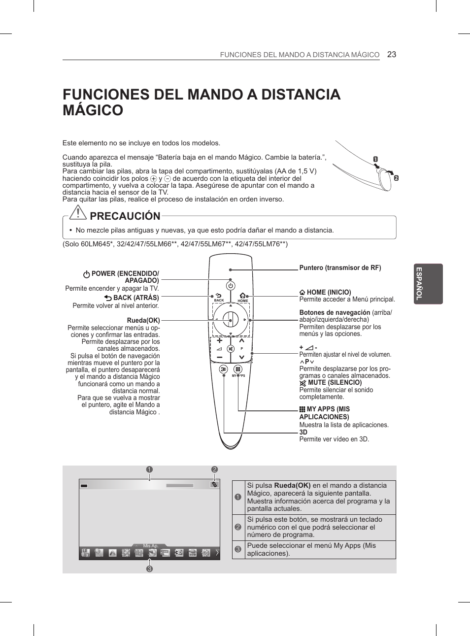Funciones del mando a distancia mágico, Precaución | LG 55LM670S User Manual | Page 151 / 309