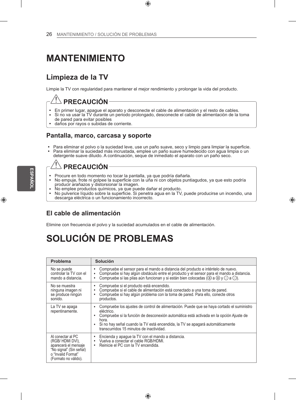 Mantenimiento, Solución de problemas, Limpieza de la tv | Precaución, Pantalla, marco, carcasa y soporte, El cable de alimentación | LG 55LM670S User Manual | Page 154 / 309