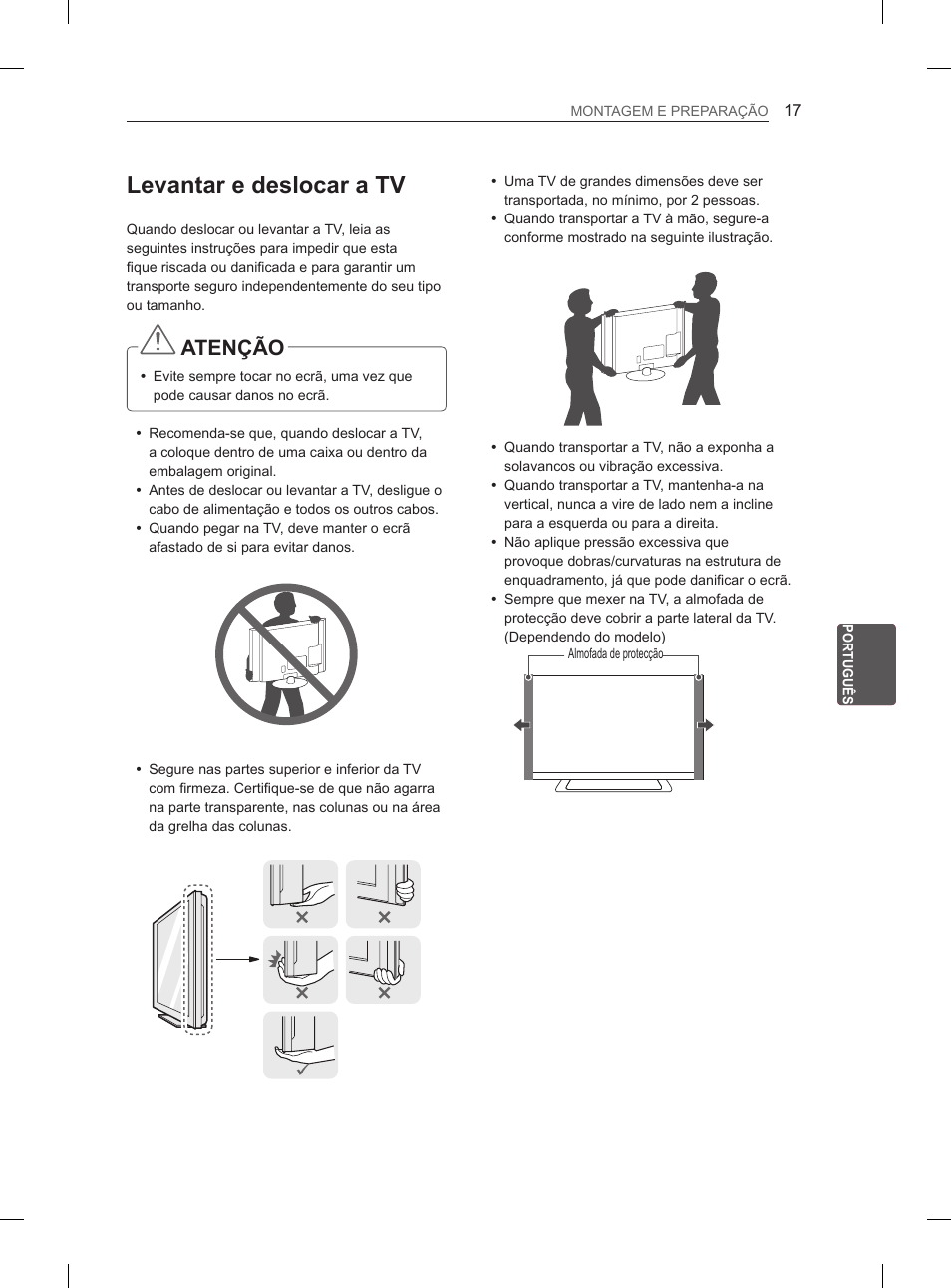 Levantar e deslocar a tv, Atenção | LG 55LM670S User Manual | Page 173 / 309