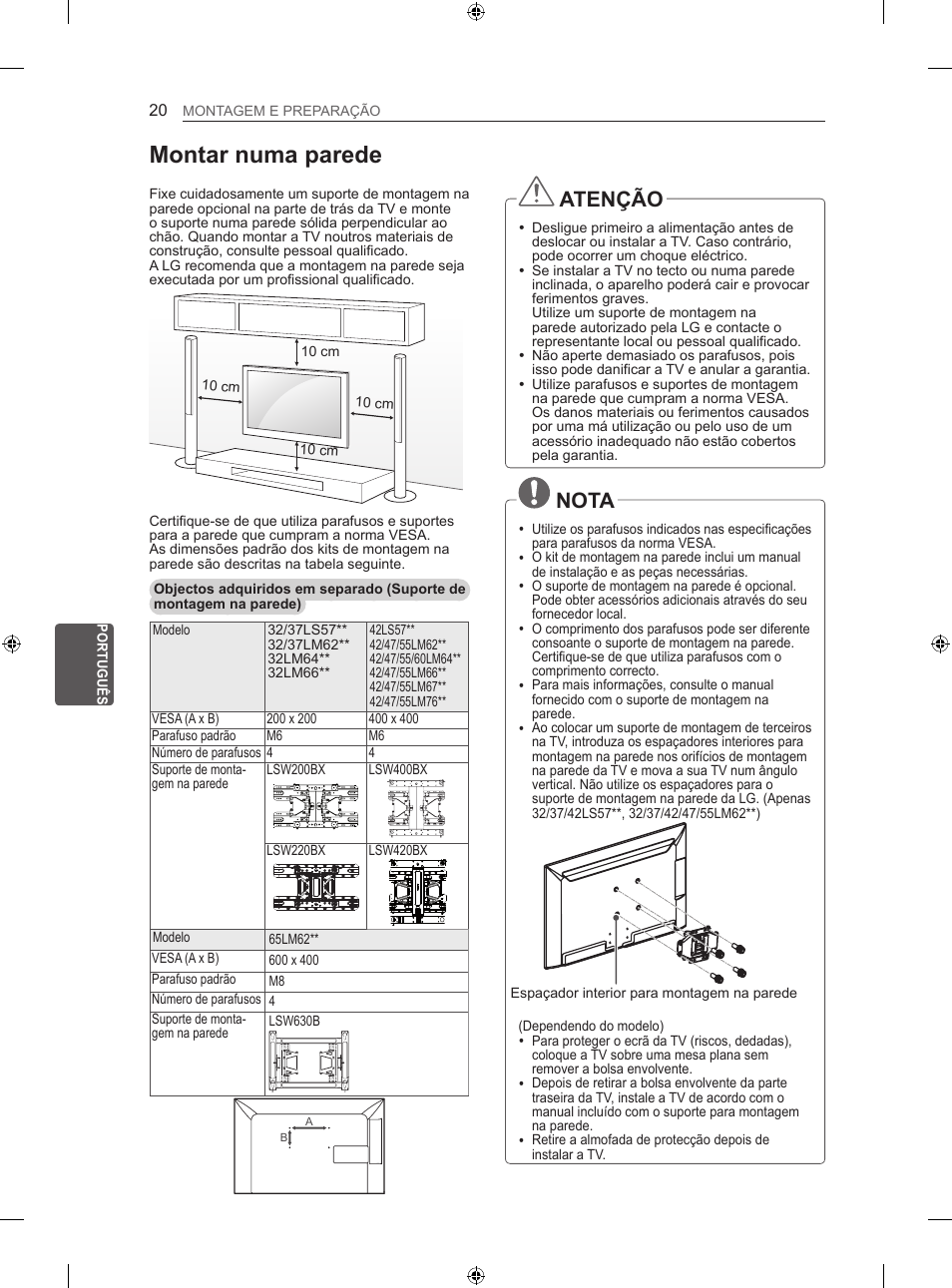 Montar numa parede, Atenção, Nota | LG 55LM670S User Manual | Page 176 / 309