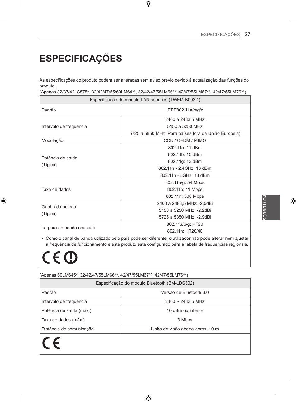 Especificações | LG 55LM670S User Manual | Page 183 / 309