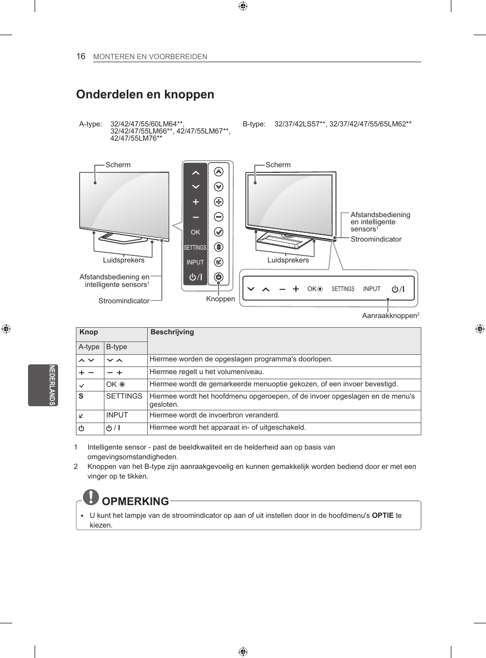 Onderdelen en knoppen, Opmerking | LG 55LM670S User Manual | Page 200 / 309