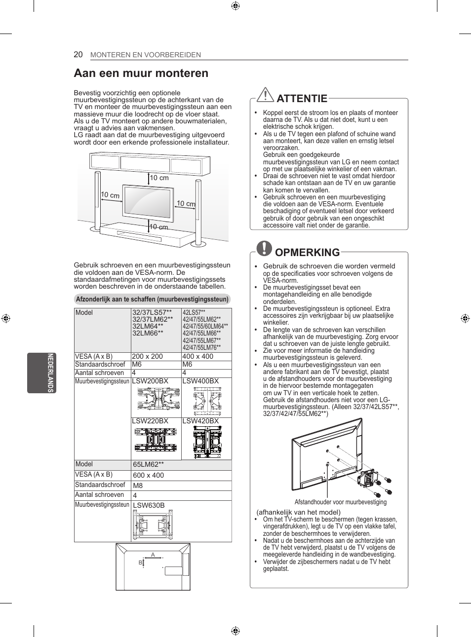 Aan een muur monteren, Attentie, Opmerking | LG 55LM670S User Manual | Page 204 / 309