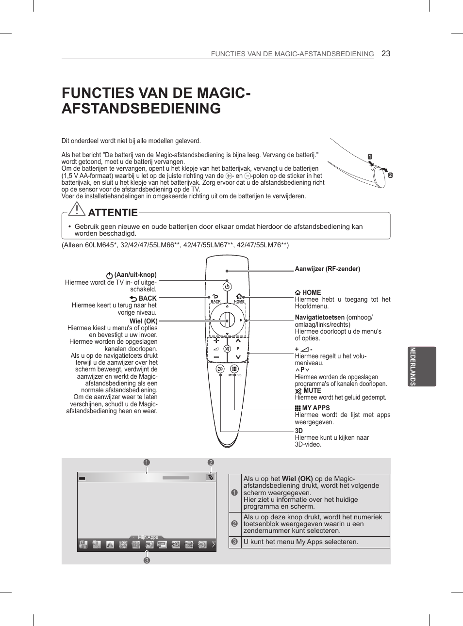 Functies van de magic- afstandsbediening, Attentie | LG 55LM670S User Manual | Page 207 / 309