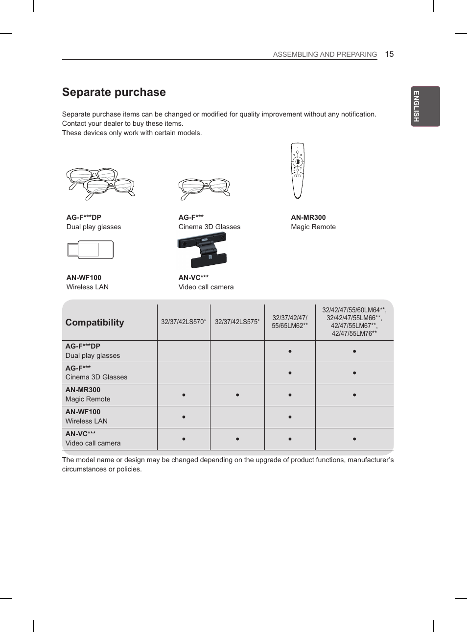 Separate purchase | LG 55LM670S User Manual | Page 23 / 309