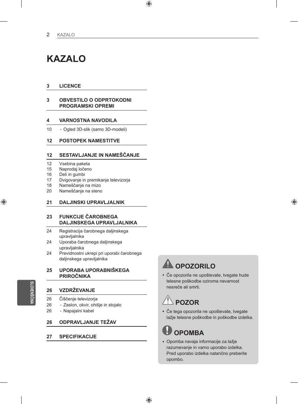 Kazalo, Opozorilo, Pozor | Opomba | LG 55LM670S User Manual | Page 242 / 309