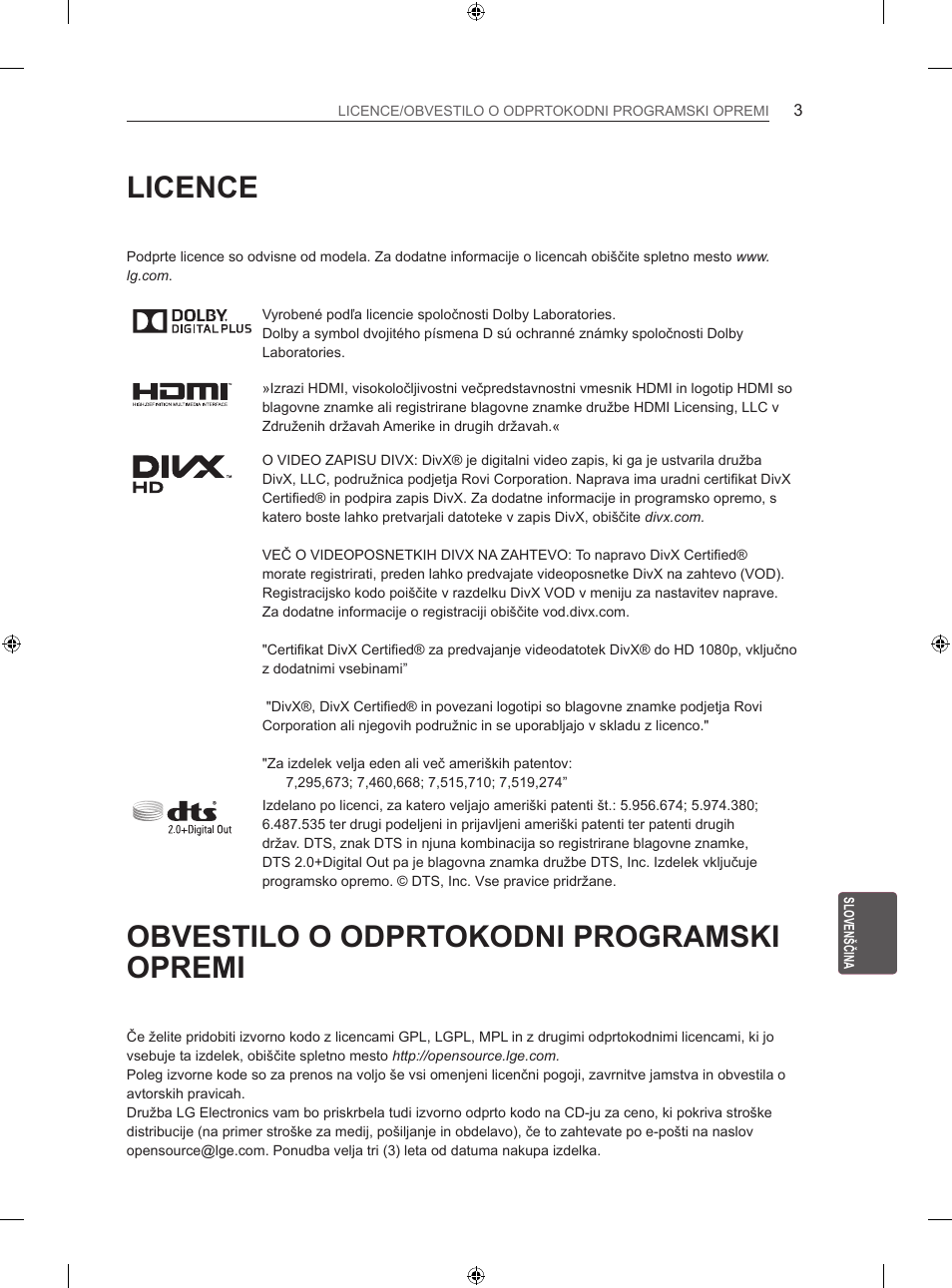 Licence, Obvestilo o odprtokodni programski opremi | LG 55LM670S User Manual | Page 243 / 309