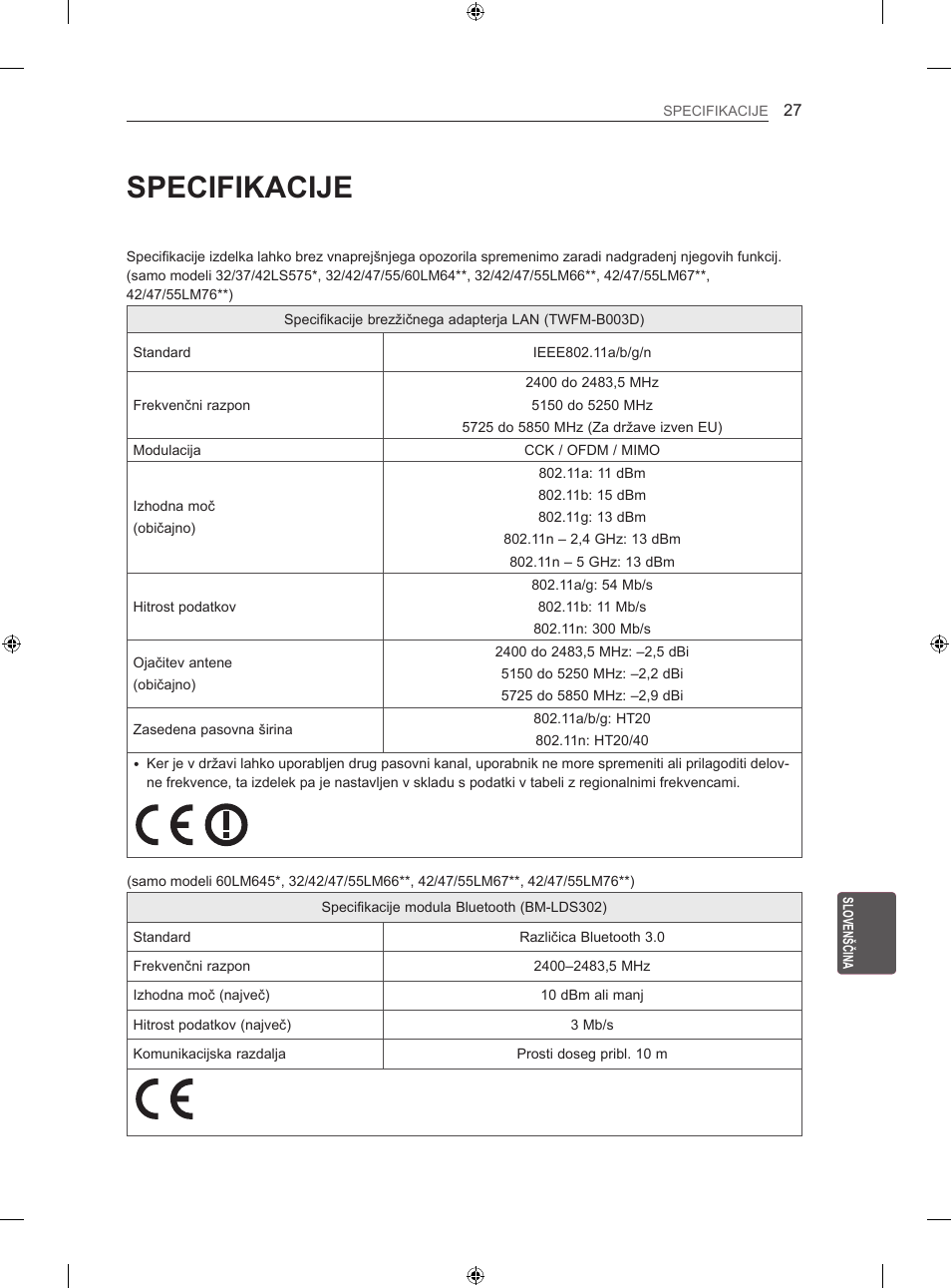 Specifikacije | LG 55LM670S User Manual | Page 267 / 309