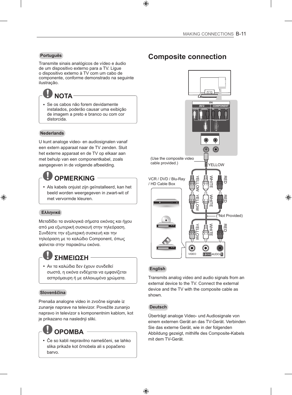 Composite connection, Nota, Opmerking | Σημειωση, Opomba, B-11 | LG 55LM670S User Manual | Page 279 / 309