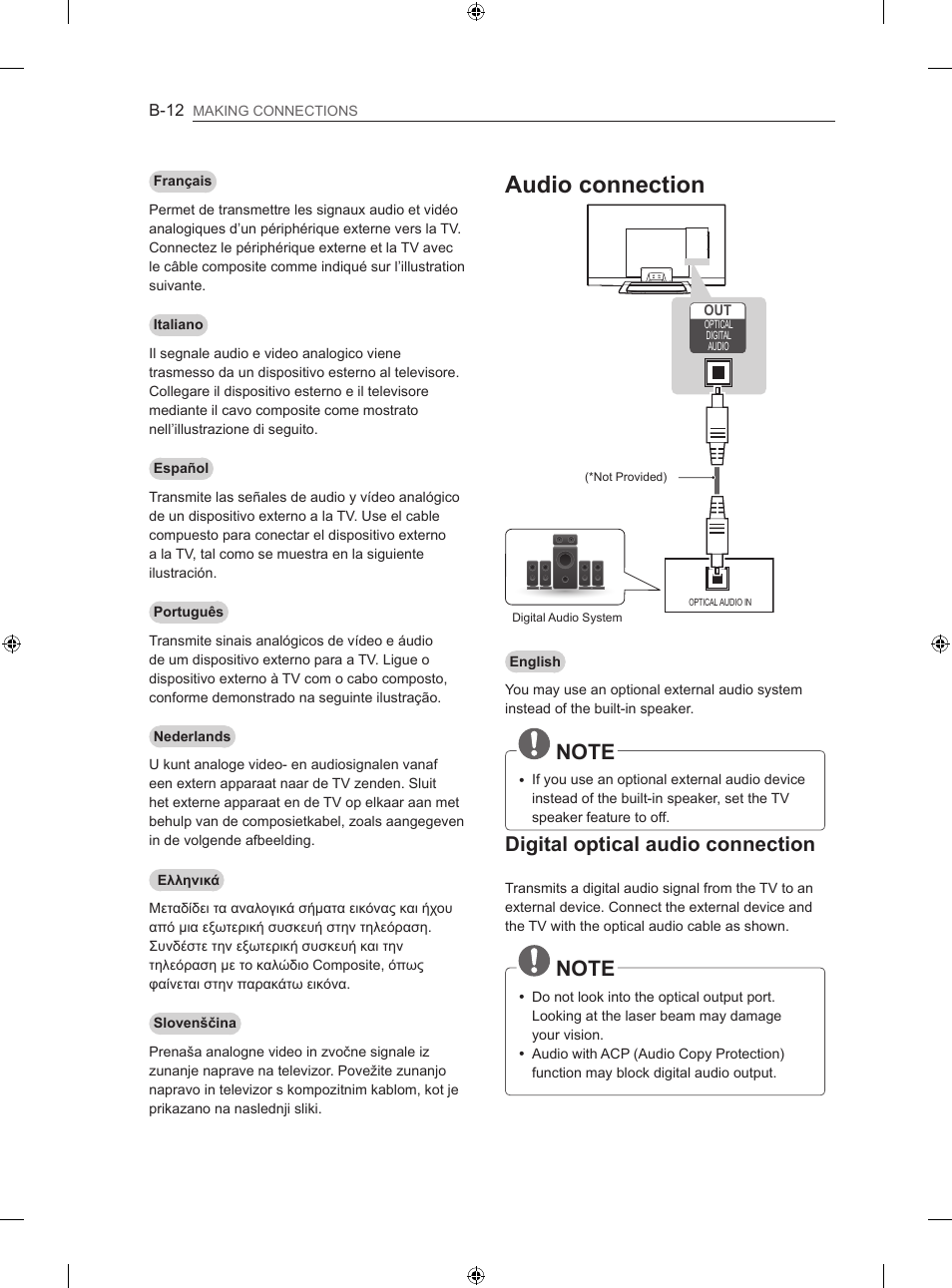 Audio connection, Digital optical audio connection | LG 55LM670S User Manual | Page 280 / 309