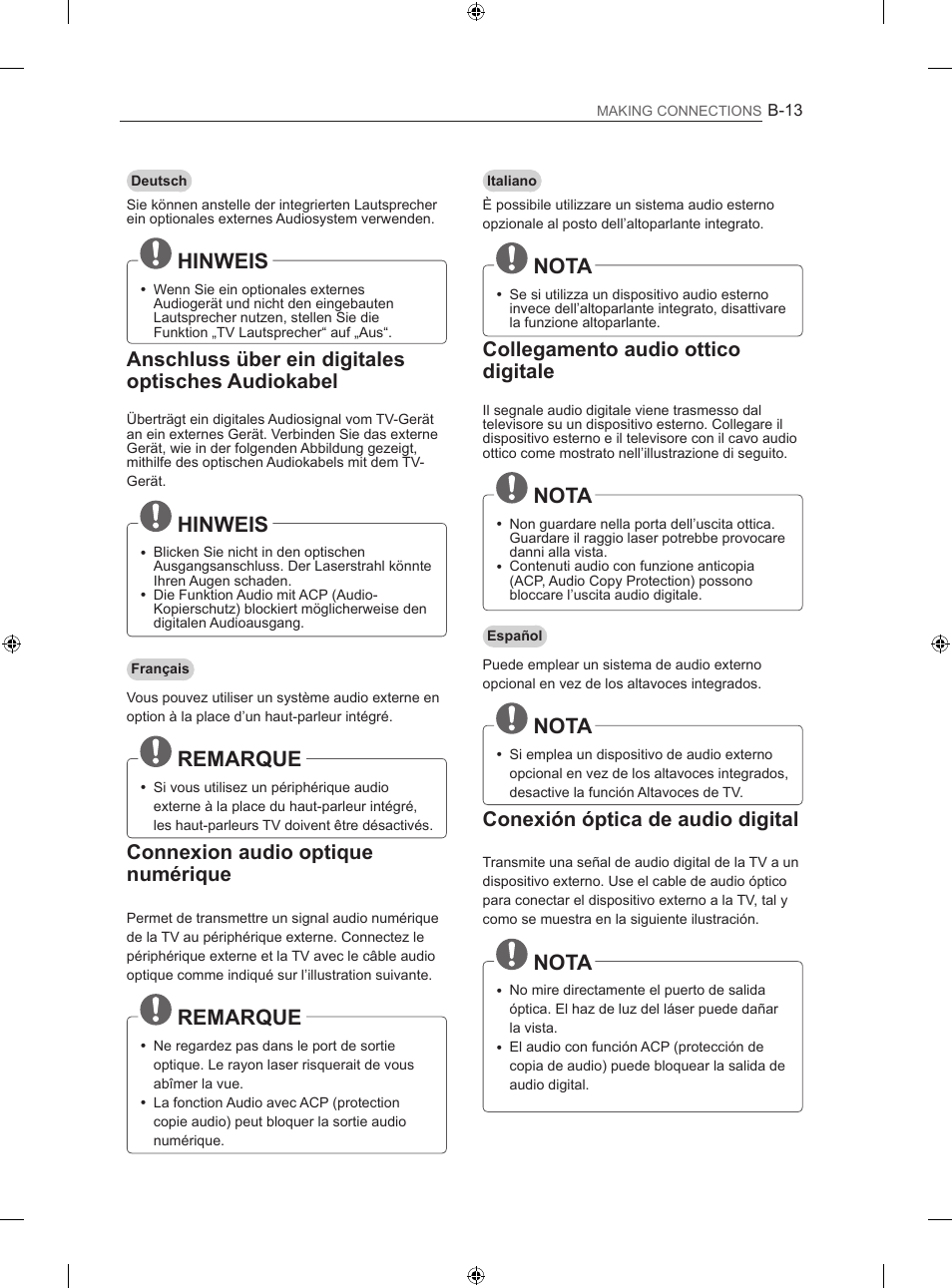 Hinweis, Remarque, Nota | Anschluss über ein digitales optisches audiokabel, Connexion audio optique numérique, Collegamento audio ottico digitale, Conexión óptica de audio digital | LG 55LM670S User Manual | Page 281 / 309