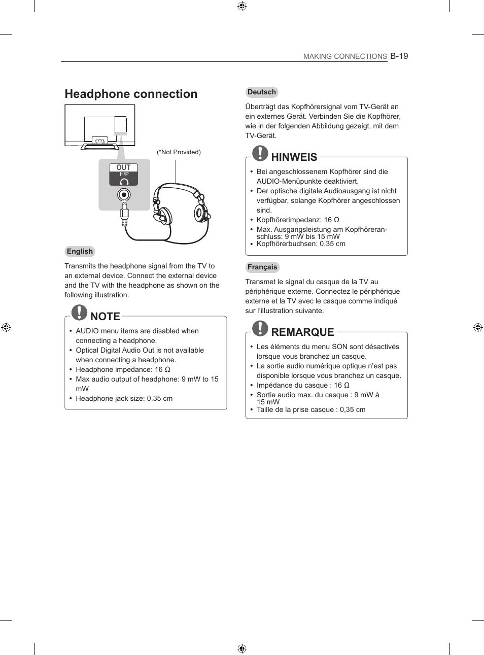 Headphone connection, Hinweis, Remarque | LG 55LM670S User Manual | Page 287 / 309