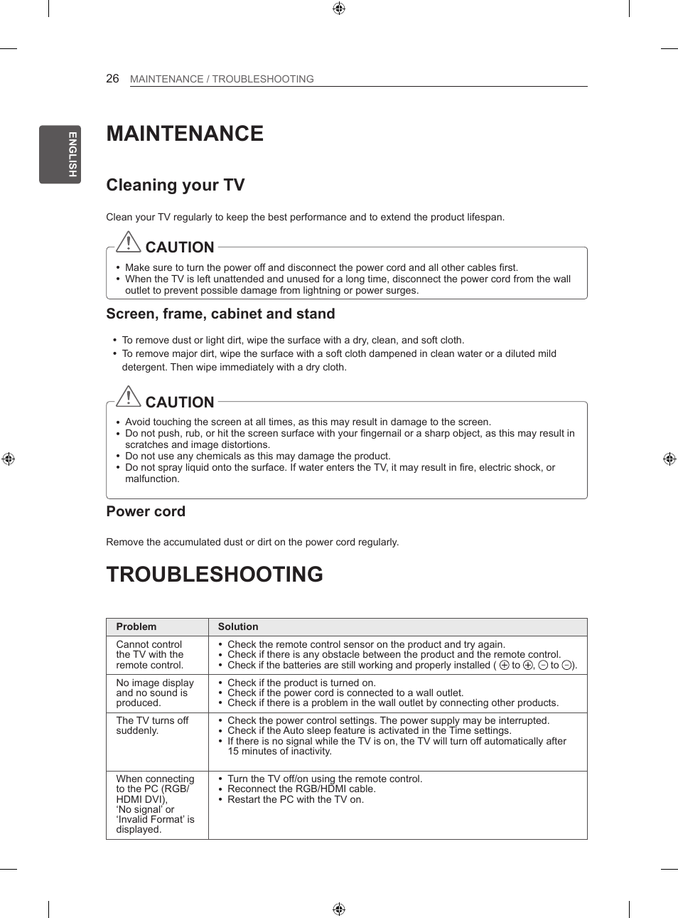 Maintenance, Troubleshooting, Cleaning your tv | Caution, Screen, frame, cabinet and stand, Power cord | LG 55LM670S User Manual | Page 34 / 309