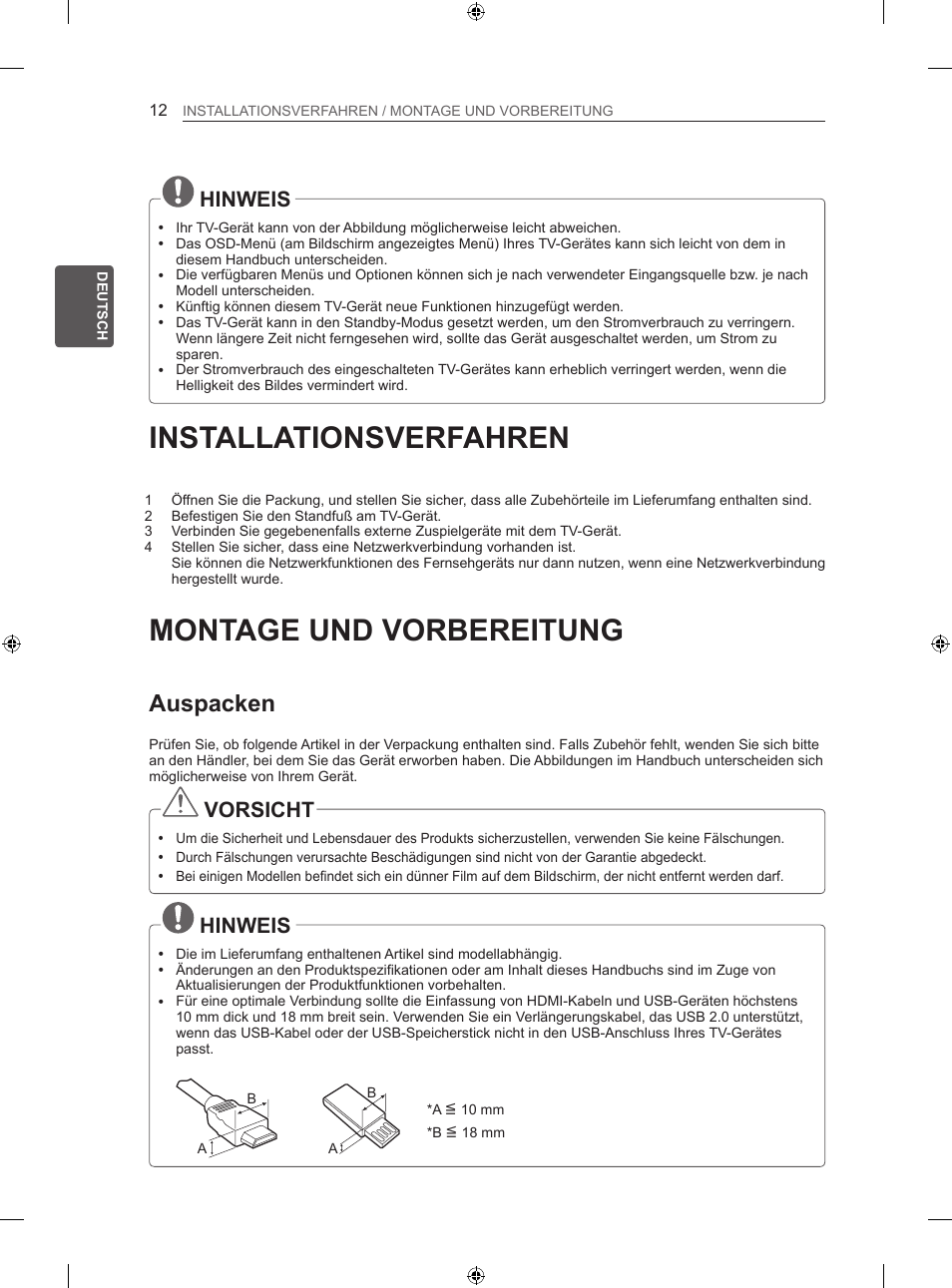 Installationsverfahren, Montage und vorbereitung, Auspacken | Hinweis, Vorsicht | LG 55LM670S User Manual | Page 48 / 309