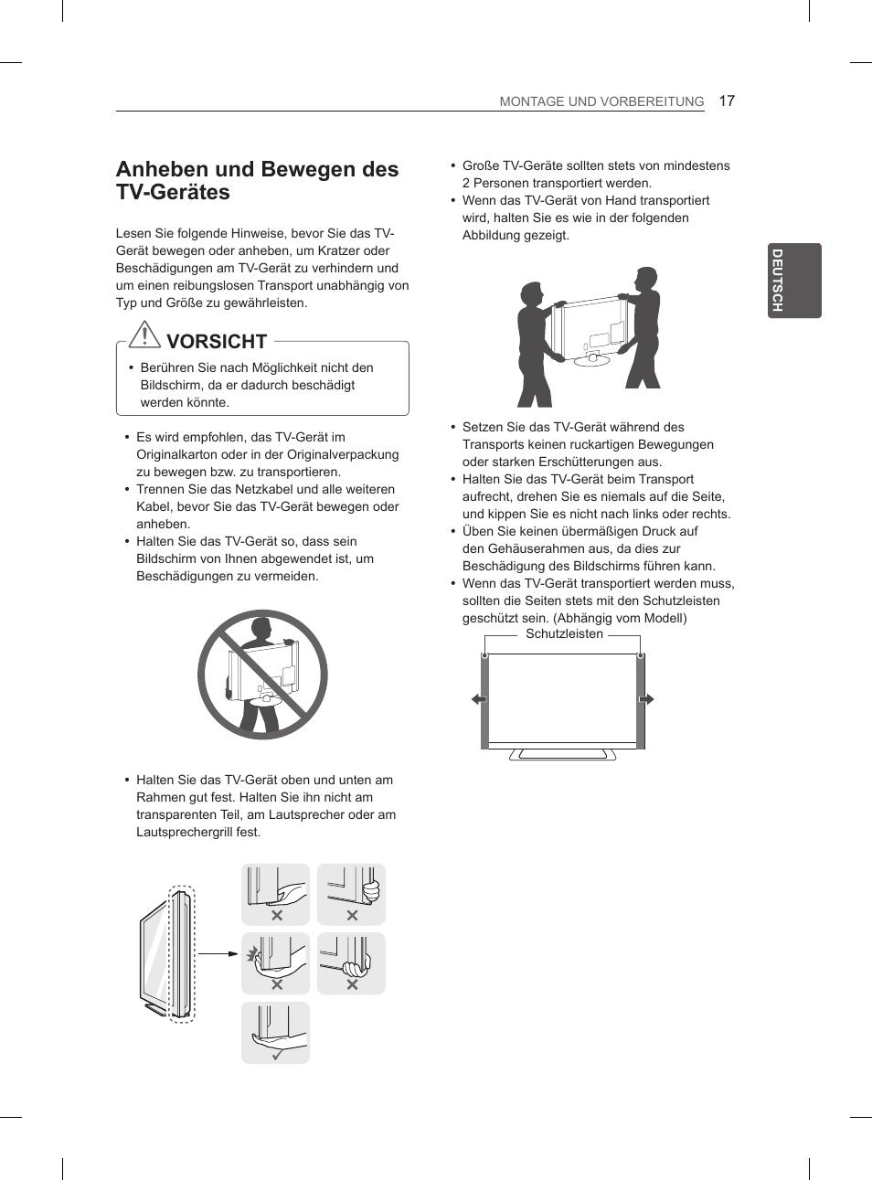 Anheben und bewegen des tv-gerätes, Vorsicht | LG 55LM670S User Manual | Page 53 / 309