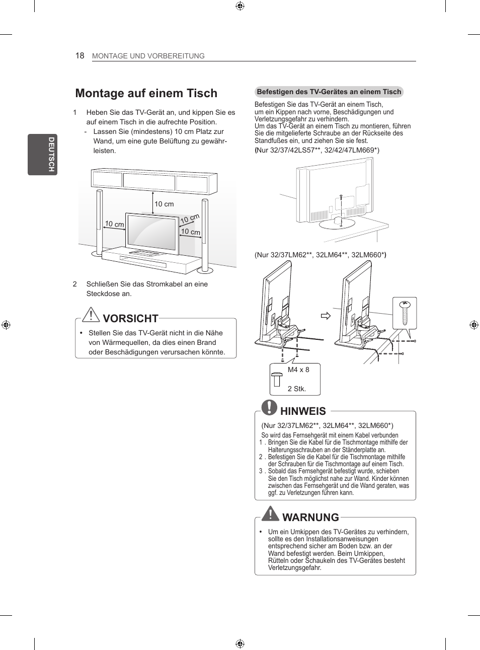 Montage auf einem tisch, Vorsicht, Hinweis | Warnung | LG 55LM670S User Manual | Page 54 / 309