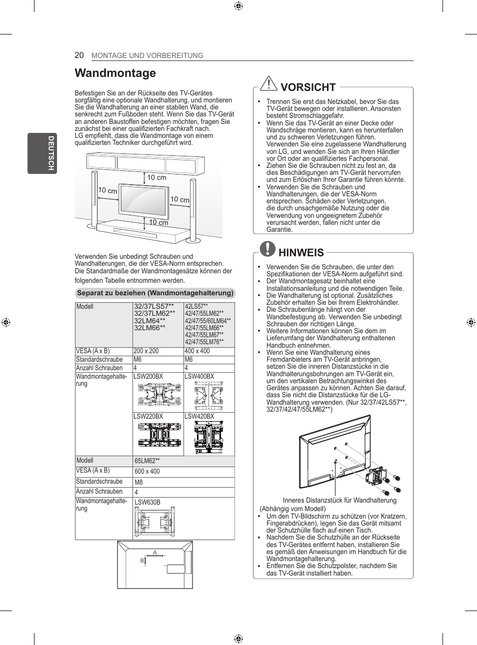 Wandmontage, Vorsicht, Hinweis | LG 55LM670S User Manual | Page 56 / 309