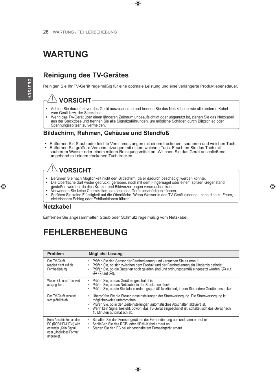 Wartung, Fehlerbehebung, Reinigung des tv-gerätes | Vorsicht, Bildschirm, rahmen, gehäuse und standfuß, Netzkabel | LG 55LM670S User Manual | Page 62 / 309