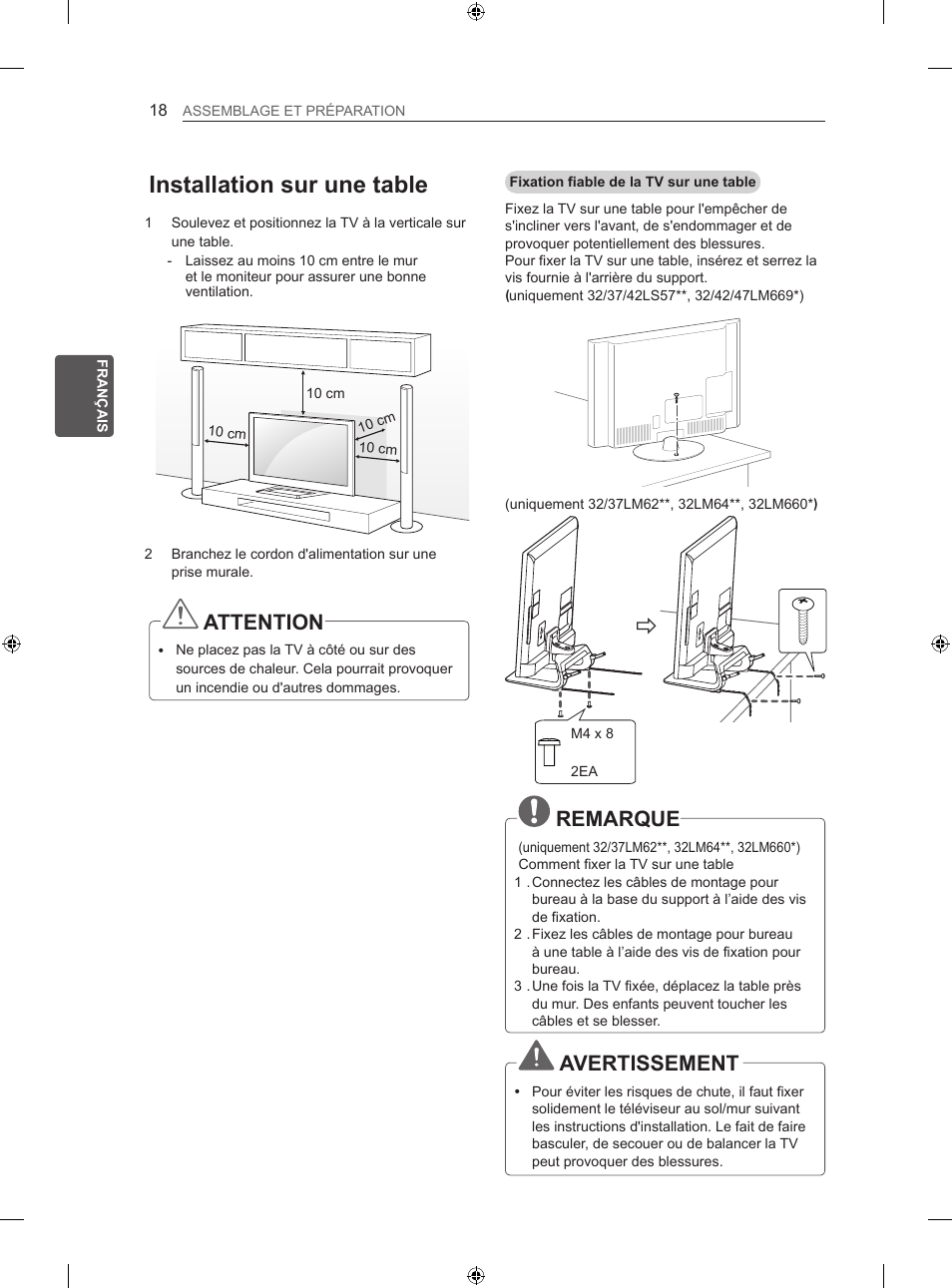 Installation sur une table, Attention, Remarque | Avertissement | LG 55LM670S User Manual | Page 82 / 309